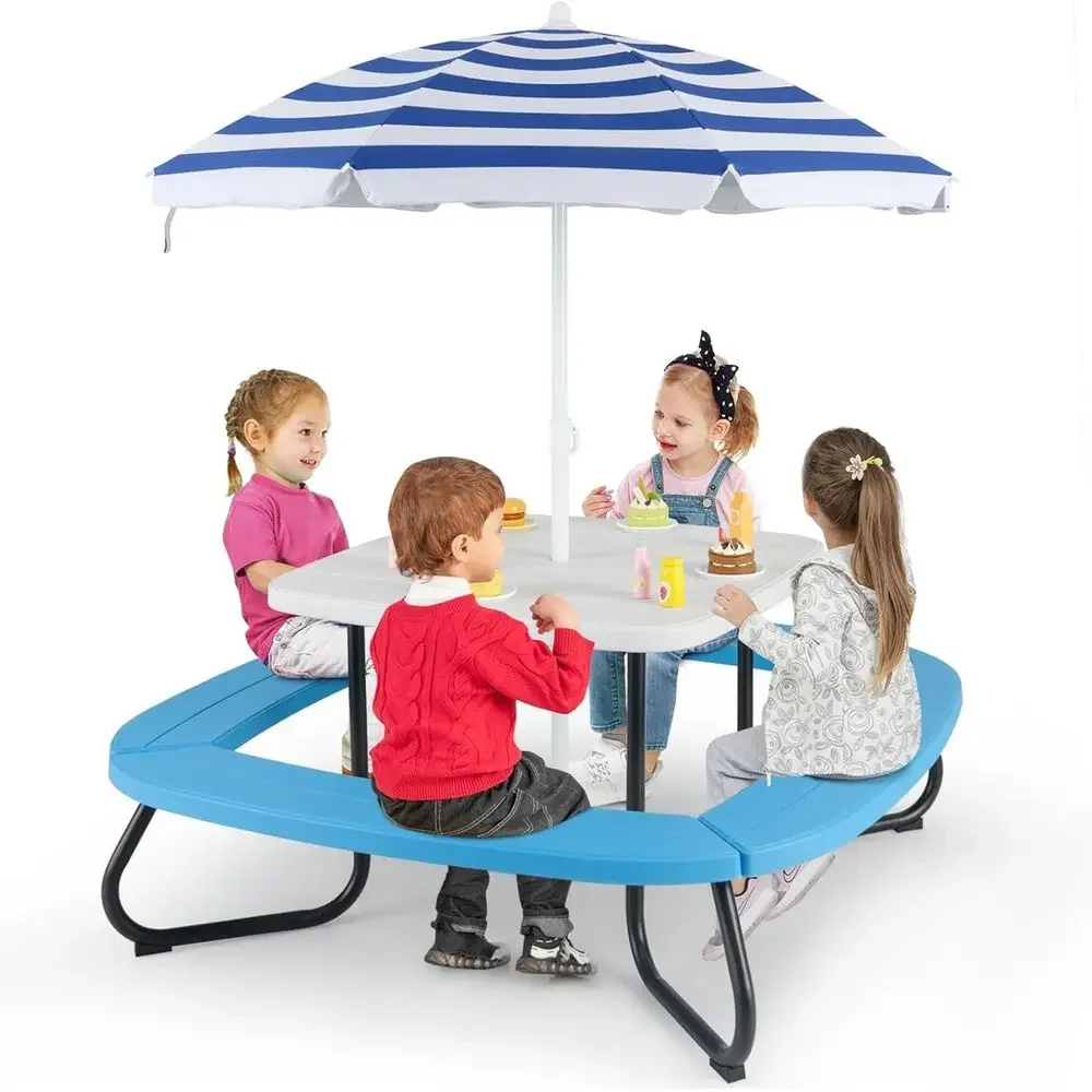 Kids Outdoor Picnic Table - 8-persoons picknicktafel voor kinderen met parasol,