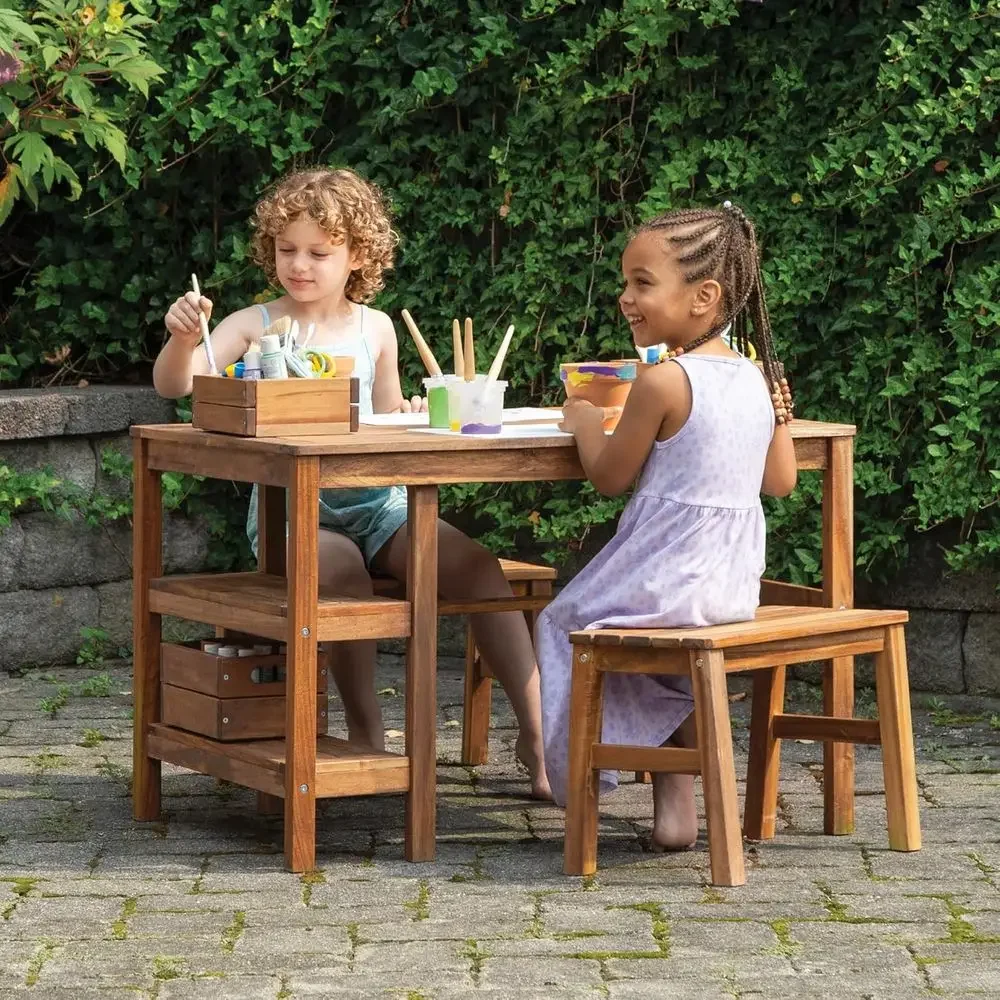 Kids Outdoor Picnic Table - Kinderbuitenactiviteiten-tafel en 2-bankenset: Acaciahouten activiteitenbureau met