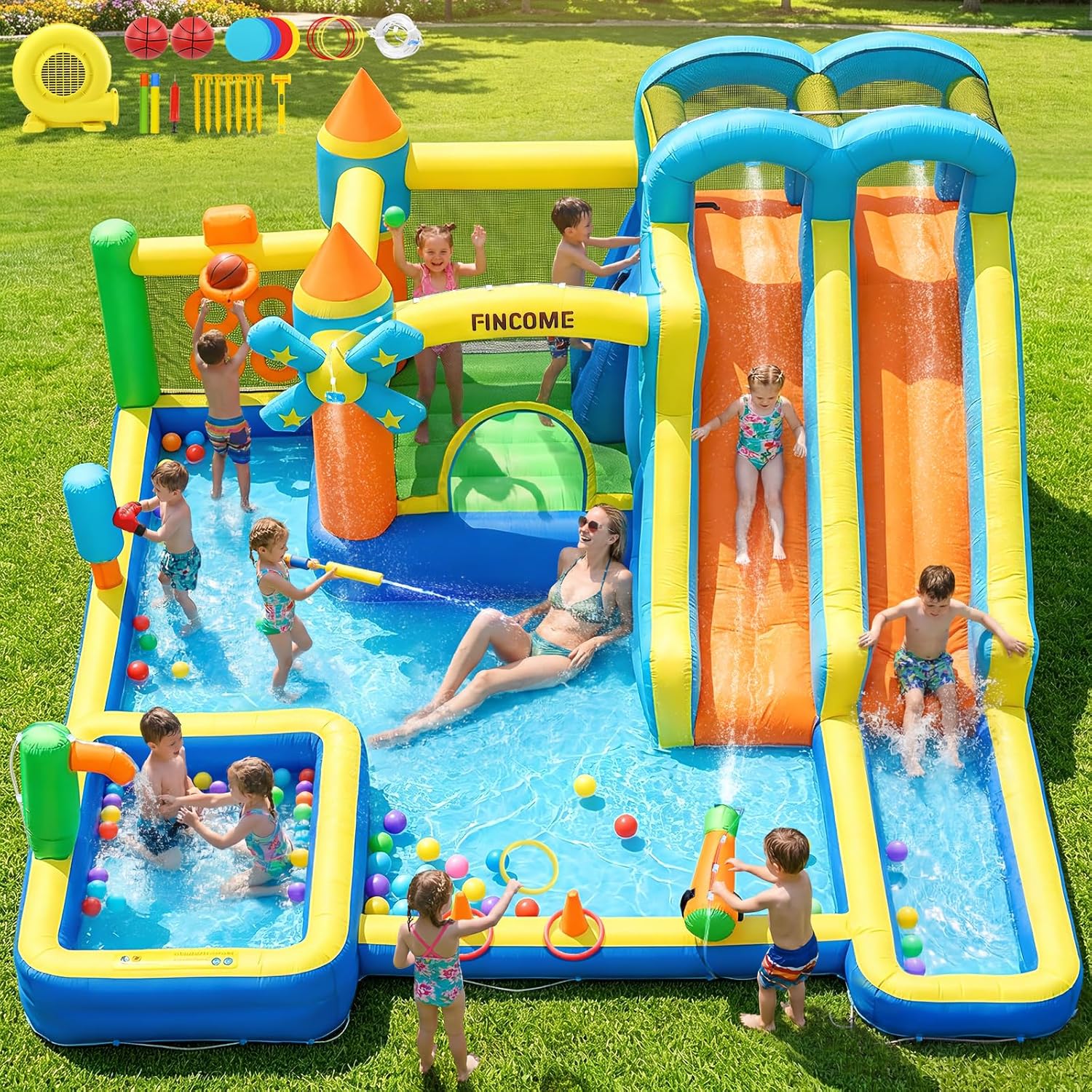 Kids Outdoor Park - 10-in-1 Opblaasbare springkasteel met dubbele waterglijbanen,