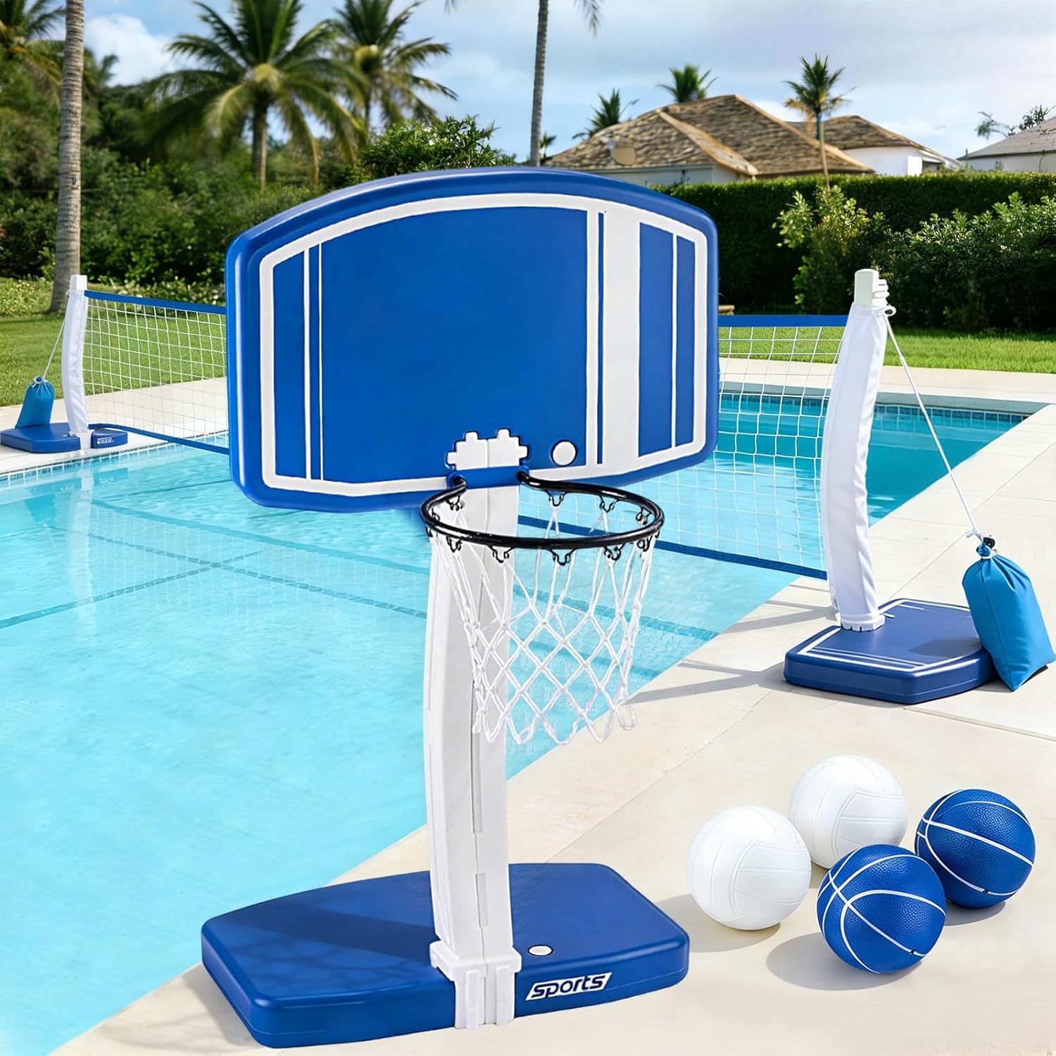 Kids Outdoor Toys - Bovengrondse zwembad basketbalring en volleybalnet 2-in-1,