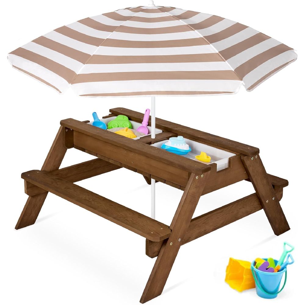 Kids Outdoor Picnic Table - Kinderpicknicktafel met parasol, 3-in-1 zand- &